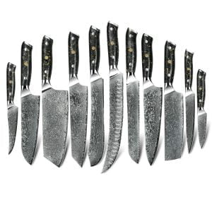 Damascus knife set with carbon fiber & resin handle