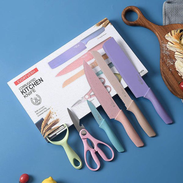 6pk Color-Coded kitchen knife sets are inspired by the beautiful rainbow. The ergonomic handle of the knives is made of natural straw fiber combined with food-grade PP material, which is safe, healthy, and environmentally friendly. The chefs are easy to find the right knife and avoid the food crossing, because of the color-marked design. Kimstar is always the pro kitchenware supplier to produce your private label items and welcomes OEM/ODM inquiries. The kitchen box sets include 8-inch Nakiri Cleaver Knife, 8-inch Chef's Knife, 8-inch Serrated Bread Knife, 3.5-inch Paring Knife, Scissors (with corkscrew tongs and nutcracker), and Vegetable Peeler. The multifunctional chef knives can meet all your cooking needs in the kitchen. Beyond that, 3-in-1 function scissors and Y-shaped peelers are time-saving and essential tools in every kitchen for consumers.
