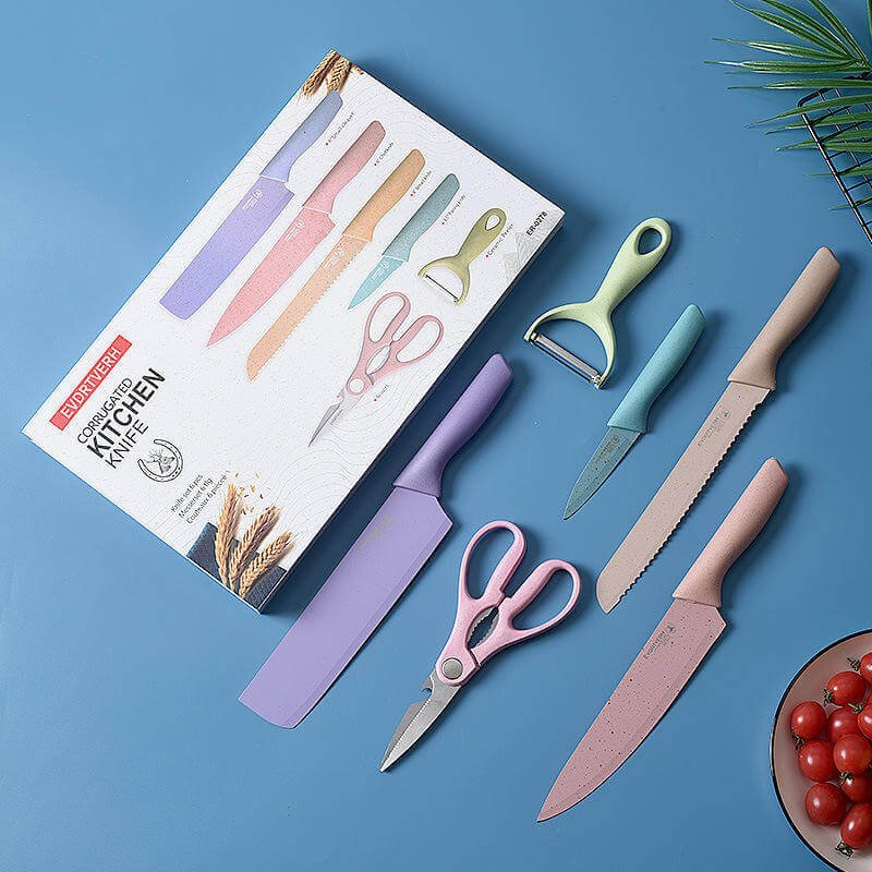 6pk Color-Coded kitchen knife sets are inspired by the beautiful rainbow. The ergonomic handle of the knives is made of natural straw fiber combined with food-grade PP material, which is safe, healthy, and environmentally friendly. The chefs are easy to find the right knife and avoid the food crossing, because of the color-marked design. Kimstar is always the pro kitchenware supplier to produce your private label items and welcomes OEM/ODM inquiries. The kitchen box sets include 8-inch Nakiri Cleaver Knife, 8-inch Chef's Knife, 8-inch Serrated Bread Knife, 3.5-inch Paring Knife, Scissors (with corkscrew tongs and nutcracker), and Vegetable Peeler. The multifunctional chef knives can meet all your cooking needs in the kitchen. Beyond that, 3-in-1 function scissors and Y-shaped peelers are time-saving and essential tools in every kitchen for consumers.
