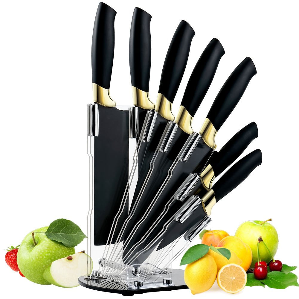 Kitchen Chefs Knife in Black with Acrylic Block