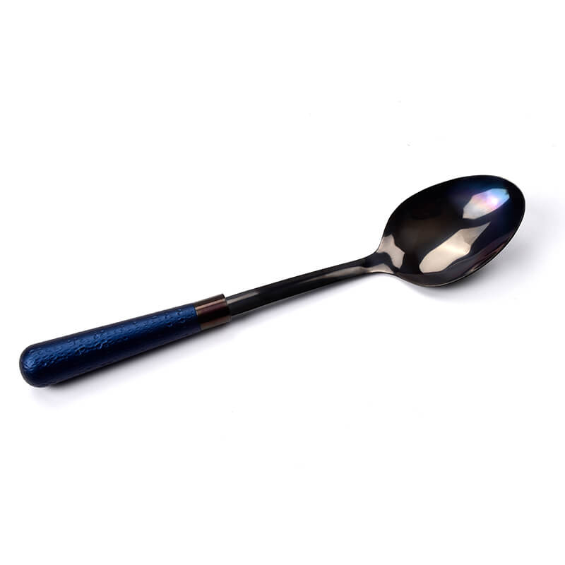 Metal Solid Cooking Spoon in Blue Titanium with Hammered Hollow Handle