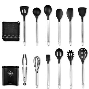 Black silicone kitchen utensils set with stainless steel handle