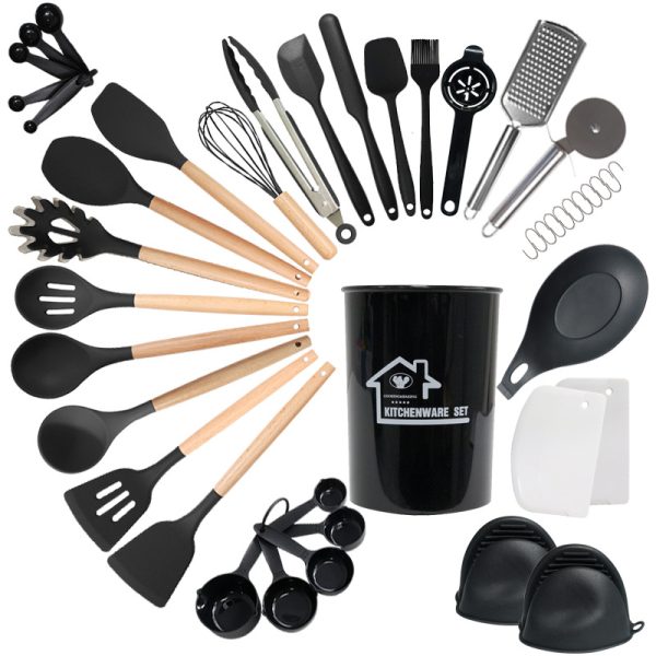 43 piece set silicone kitchenware set with wooden handle