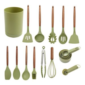 Green Silicone kitchen cooking utensils set with wooden handle